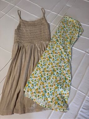 Women’s Dress Bundle: Beige Smocked Sundress with Yellow Floral Strapless